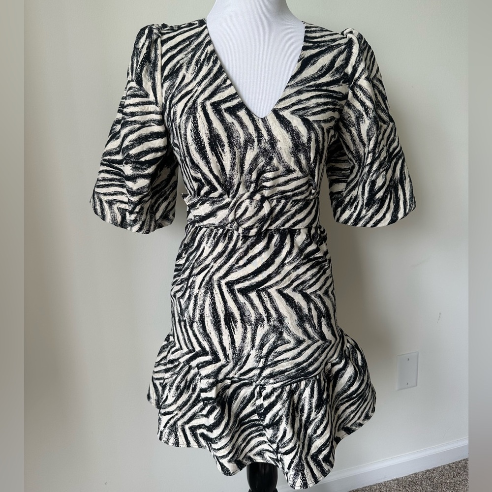 Lavender Brown Zebra Puff Sleeve Dress Belt XS